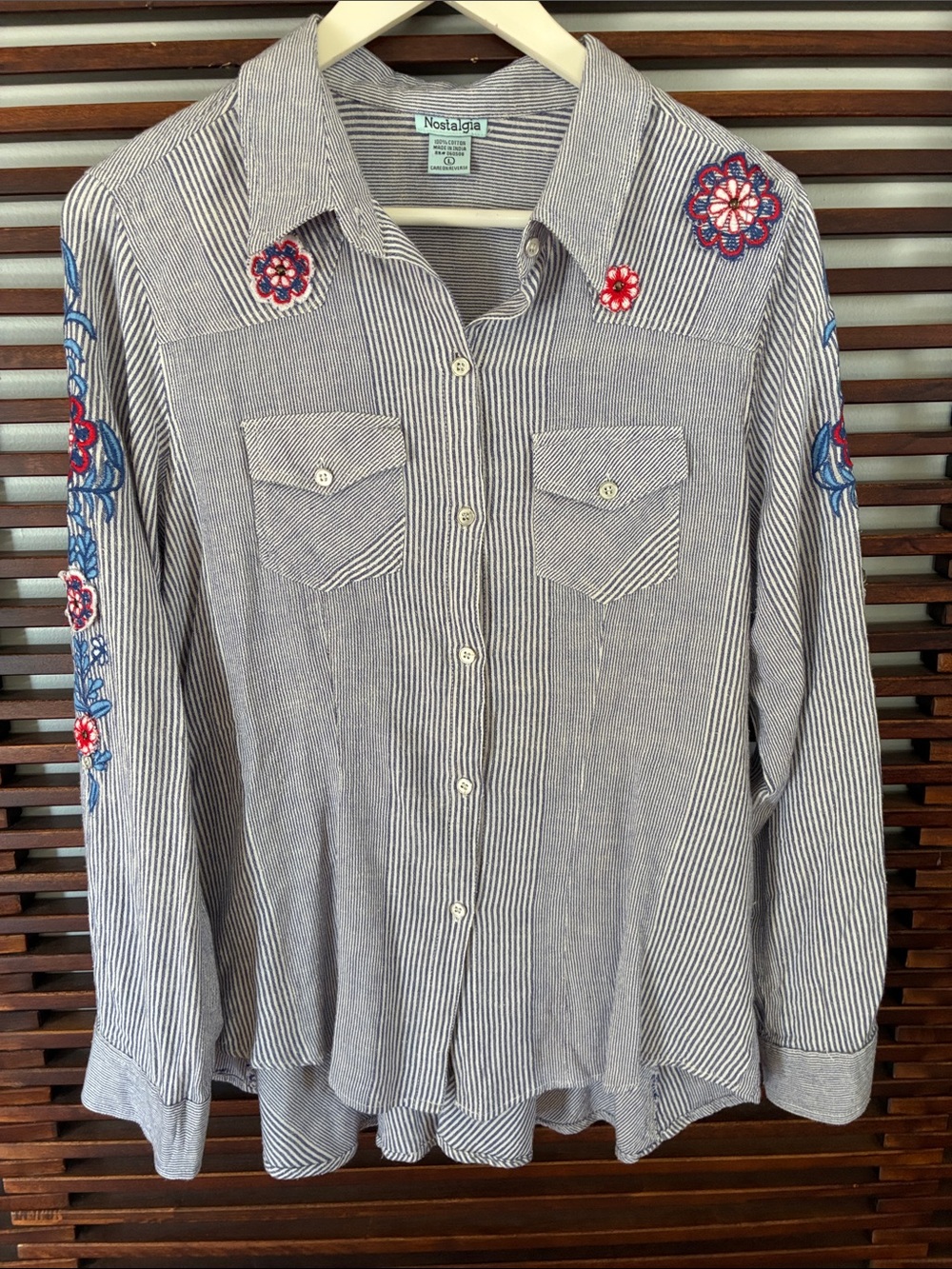 🎉NEW LISTING!🎉Nostalgia Blue & White Striped Embroidered Button-Down Shirt